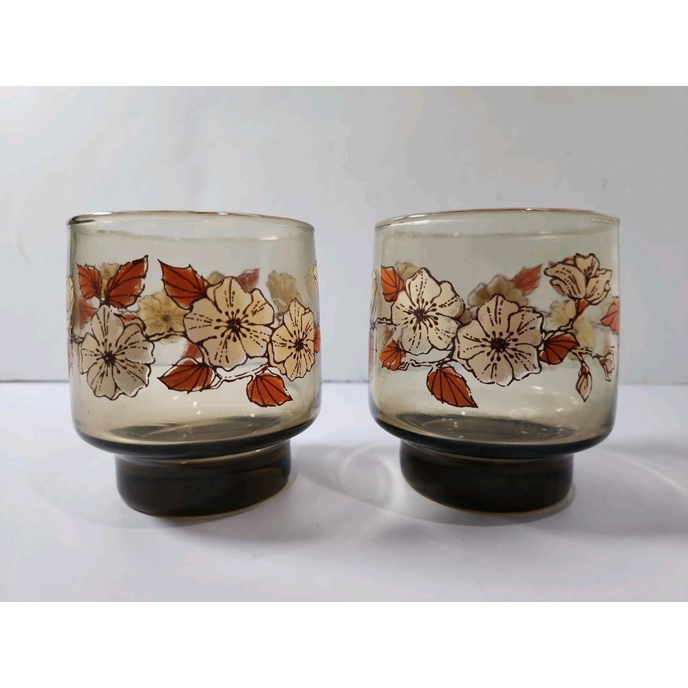 Vintage MCM Smoky Brown Floral Rocks Glasses Set of 2 Orange Cream Flowers 3.5in
